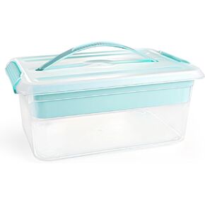 Yesland Stack & Carry Box with Removable Tray, 16 x 11 x 6.5 Inch Plastic Art Supply Storage Organizer Craft Storage Containers with Handle, Portable Organizer Bin for Stationery Sewing Jewelry, Blue