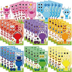 Make-a-face Stickers Sheets Make Your Own Stickers,Mixed & Matched with 8 Designed Characters(3 of Each) for Party Favors Supplies, Reward, Decor, Gift Idea