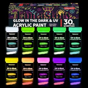 Fantastory Glow in the Dark Acrylic Paint,10 Bright Colors(30ml/1oz); Waterproof, Indoor Outdoor Black Light Paints for Halloween Rocks,Wood,DIY Crafts,Pumpkin, Adults