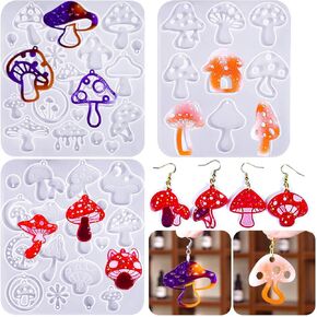 3 Pack Mushroom Earring Molds – Premium Silicone Resin Jewelry Molds (35 Unique Designs) with 200Pcs Ear Hooks & Jump Rings, DIY UV Epoxy Resin Casting Kit for Earrings, Pendants & Keychains