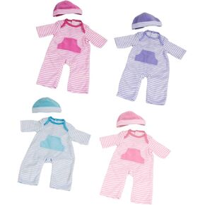 JC Toys | 4 Assorted Baby Doll Rompers and Hats | Pink + Blue + Light Pink + Purple | | Ages 2+ | Fits Dolls 14"-16""