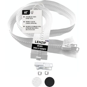 EZ-Xtend Lenzip #10 Separating Zipper for Canvas - Heavy Duty Cut to Length w/Double Plastic Locking Slider Includes Stainless Steel Zipper Stops and Extra Slider Replacement (White, 60")