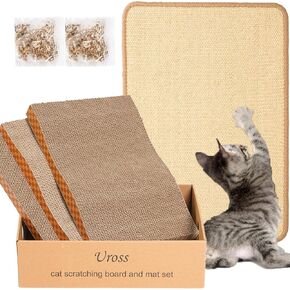 Uross Cat Scratcher Mat & 3pcs Scratching Board Set - Natural Sisal Cat Scratch Mats Large Cat Scratch Rug Scratch Pads Box for Indoor Cats Scratch Pad for Horizontal Cat Scratcher