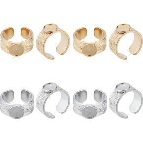 UNICRAFTALE 4Pcs 2 Colors Wide Tray Cuff Ring Settings Size 7 Cabochon Ring Carving Pattern Stainless Steel Blank Rings 8mm Trays Open Finger Rings for Jewelry Making