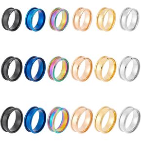 UNICRAFTALE 6 Colors Grooved Finger Rings with Velvet Pouches - Stainless Steel Blank Core Rings for Inlay - Handmade Wedding Promise Jewelry Making Gift