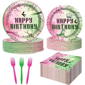 100pcs Witch Birthday Plates And Napkins Pink and Green Decorations Witch Party Supplies Wicked Disposable Paper Tableware Set Cups Forks for Girls Birthday Party Decor Sever 25 Guests