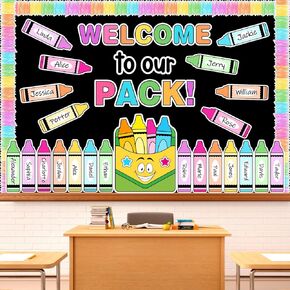76 Pcs Back to School Crayon Bulletin Board Decoration Set Pastel Colored Crayon Pack Paper Cutouts with 150 Pcs Glue Points for First Day of School Welcome Party Classroom