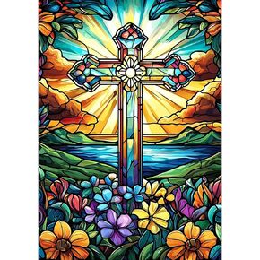 SENQAO Cross Flower Diamond Painting Kits for Adults, Stained Glass Diamond Art Paintings Kit for Beginners, 5D Full Drill Diamand Paintings Kits, Gem Art Crafts for Adults Wall Decor 12x16inch