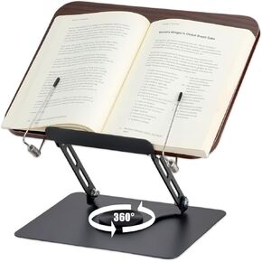 Book Stand for Reading, Adjustable Book Holder Display Stand with 360° Rotating Bases, Foldable Cookbook Stand with Elastic Page Clips for Office Kitchen Recipe Textbook Magazine Laptops