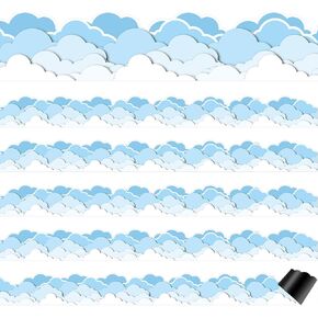 24 Pcs Cloud Magnetic Bulletin Board Borders 12''x1.2'' Blue Sky Magnetic Borders for Classroom Whiteboard White Cloud Scalloped Border Trim for School Office Blackboard Chalkboard Party Decor