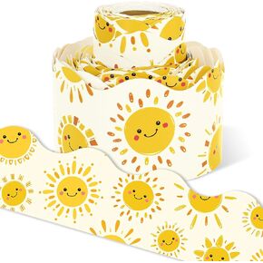 65Ft Happy Sun Bulletin Board Border Cute Smile Sunshine Die Cut Trim Border Roll for Summer Back to School Classroom Office Party Chalkboard Wall Decoration