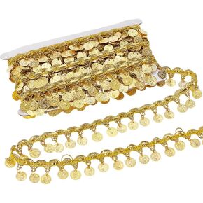 AHANDMAKER 10 Yards Gold Coin Shape Sequin Tassel Trim, 1.42 Inch Width Sequins Fringe Lace Trim, Belly Dance Tassel Trim Hip Scarf for DIY Sewing Clothing Lampshade Curtain Home Decoration