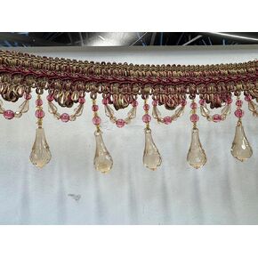 Ad Fabric, Tear, Drop Beaded Trim Fringe W/Gimp Top, Beaded Tassel Ball Fringe Gold/Burgundy Color, Trim fo Sold by The Yard
