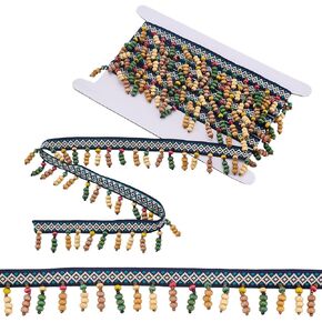 PH PandaHall Beaded Fringe Trim Wood Beads Tassel Trim 1-1/8 Inch Wide Ethnic Style Ribbon Rhombus Jacquard Ribbons Boho Braid Trimming for Dress Costumes Curtain Home Decor DIY Crafts 3 Yards