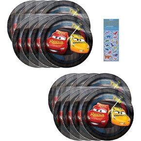 Unique Cars Birthday Party Supplies Bundle Pack includes 16 Dessert Cake Paper Plates and 1 Dinosaur Sticker Sheet