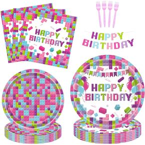Building Block Party Supplies Kit for 24 Guests - 97 Pcs Including Plates, Forks, Napkins, Bunting - Ideal for Kids' Building Block-Themed Birthdays and Baby Showers