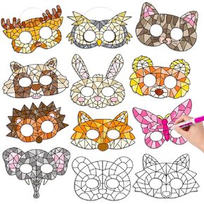 BeYumi Coloring Animals Mask Craft - 24Pcs Color Your Own Animals Mask Kit for Kids DIY Animal Geometric Card Decor School Classroom Theme Party Favors Fun Art Activity