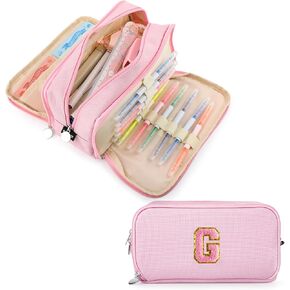 Extra Large Capacity Pencil Case 3 Compartment Initial Pencil Pouch Personalized Cute Aesthetic Stationery Pen Case Bag for School Teen Girl Boy Men Women Gift (A, Pink)