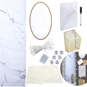 Harloon 13 Pcs School Locker Organizer Decorating Set Include Magnetic Wallpaper Mirror Cup Faux Fur Cushion Battery Powered String Lights 6 Magnets (Marble)