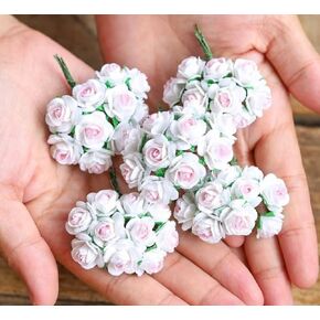 Handmade 50 pcs Mini Mulberry Paper Roses 18 mm Mulberry Paper Flowers Scrapbooking Wedding DIY Craft. (White Rose Inner Pink)