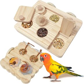 2PCS Wooden Bird Foraging Puzzle Toys Interactive Parakeet Enrichment Foraging Toy for CageBird Slow Feeder Parrot Chewing Toy, Bird Perches Stand for Conure, Sun Conure and Small Sized Birds