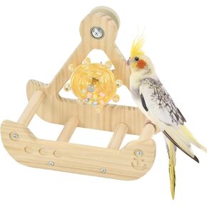 Bird Rotating Perch Toy Natural Wooden Running Wheel Parrot Toys for Cockatiels, Budgies, Conures, Parrots Stand Cage Accessories for Chewing and Exercise