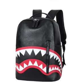 Black Shark PU Leather Backpack - Stylish & Durable 15.7" Laptop Rucksack, Lightweight with Adjustable Straps