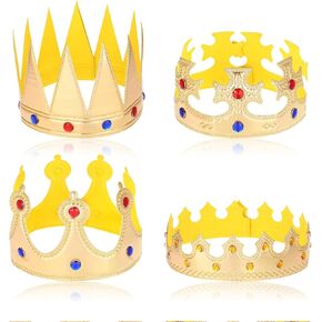 4 Pcs Gold King Crown Birthday King Crowns Prince Crown Hat Princess Crowns Cap with Gems for Birthday Party Royal Cosplay Photo Props