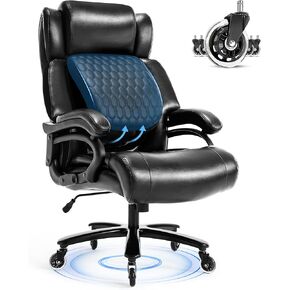 Big and Tall Office Chair 600LBS, Executive Office Chairs with Adjustable Lumbar Support, PU Leather Heavy Duty Ergonomic Desk Chair, Wider High Back Rocking Computer Chair with Rubber Wheels, Black