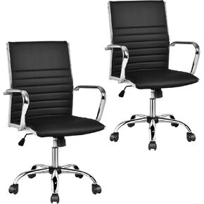 Giantex Ribbed Office Chair, Ergonomic Modern Leather Office Chair with Adjustable Height & Arms, Swivel Mid Back Executive Conference Room Chairs for Meeting Room, Black