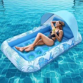 [2025 New Upgraded] Pool Floats Adult - Inflatable Pool Float with Canopy, Pool Floats Adult Heavy Duty, Cooling Water Floaties with Backrest & Cup Holder for River Lake Floats Inflatable Pool Floatie
