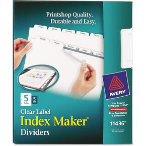 Print and Apply Index Maker Clear Label Dividers, 5-Tab, White Tabs, 11 x 8.5, White, 5 Sets
