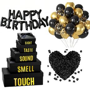 YIXAXKAO 5 Senses Gift Boxes for Him Five Senses Gift Birthday Decorations Black Nesting Gift Boxes With Lids Happy Birthday Banner Balloon for Husband Boyfriend (Black gold)