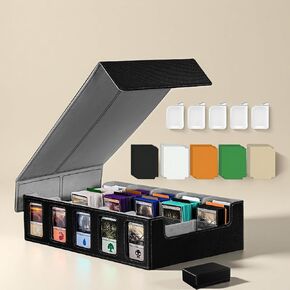 Trading Card Storage Box – 5-Row Commander Deck Case with Display Windows, Holds 3900+ Cards, 5 Stopper, 15 Colored Dividers&1 Dice Tray (PU, Magnetic Lid) for MTG, Pokémon, TCG, Sports Cards