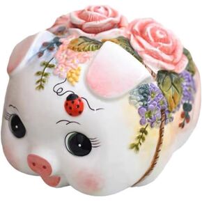 Ceramic Piggy Bank，Coin Bank，Money Box, Hand Painted Victoria Pink Rose Pig Design (7.5" L)