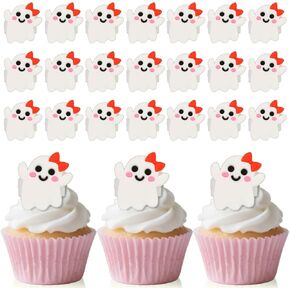 24 PCS Ghost Cupcake Ring Toppers Spooky Halloween Cupcake Picks Cute Ghost Decorations for Halloween Theme Birthday Party Baby Shower Cake Supplies