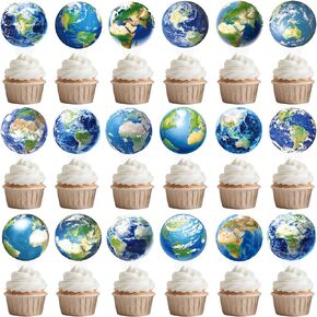 48pcs Earth Globe Cupcake Toppers Earth Day Party Decorations Globe World Map Theme Cake Cupcake Picks for Travel Around The World Birthday Party Earth Day Baby Shower Supplies