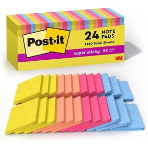 Post-it Super Sticky Notes, 3-inch x 3-inch, Summer Joy Collection, 70 Sheet/Pad, 24 Pads/Pack (654-24SSJOY-CP)