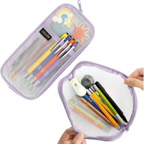 Pencil Case, Pencil Pouch, Pencil Bag, Grid Mesh Pen Case, Clear Pencil Pouch with Zipper Large Pencil Case Pouch Organizer Stationary Makeup Bag for Travel Office School Teen Girl Boy Adults, Purple