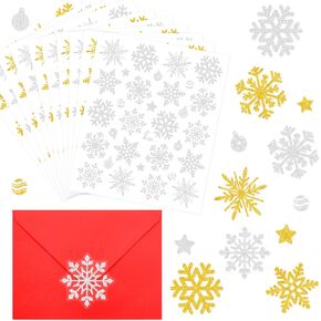 Christmas Envelope Seal Stickers Glitter Snowflake Sticker Xmas Gold Silver Snowflake Labels for Holiday Cards Envelopes Wrapping Decoration 200Pcs
