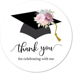 Black Floral Graduation Thank You Stickers, Congrats Grad Party Favor Sticker Labels 40-Pack 2in