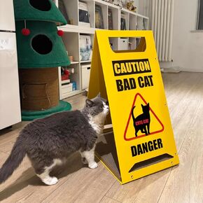 Funny Caution Sign Cat House with Scratch Pad, Hard Cardboard Cat Cave to Play Indoor, Scratch Toy Cat Bed for Birthday Gift