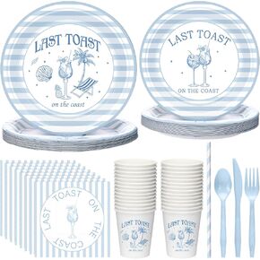 Zhehao 216 Pcs Last Toast on the Coast Party Supplies Tableware Set Summer Blue Beach Paper Plates Cup Napkins Fork Dinnerware for Coastal Bachelorette Party Birthday Wedding Bridal Decoration