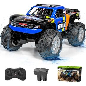 Waterproof RC Monster Truck Amphibious Remote Control Trucks 13In Big Off Road RC Cars for Kids 4WD 360° Rotation Two Rechargeable Batteries Gifts for Boys Girls Age 4-12 Pool Toys (Orange)
