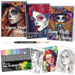 3Pcs Coloring Books for Adults Relaxation with 36 Colors Markers Coloring Book for Women Spiral Bound Printed On One Side, Colors Markers, (Sugar Skull Women & Scare Dolls & Terrible Beauty)