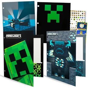 Minecraft Folders for School - Video Game Pocket Folder Bundle Includes 4 Laminated Plastic Folders Plus Stickers, More Minecraft Kids School Supplies