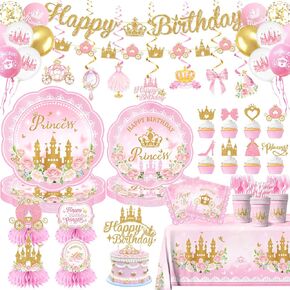 Princess Birthday Party Decorations Serves 24,Pink Princess Birthday Themed Tableware Includes Scalloped Plates,Napkins,Tablecloth,Banner,Balloon,Cake Topper for Girls Princess Party Supplies Decor