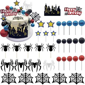 36pcs Spider Cake Topper Spider Web Cake Decoration Spider Themed Cake Decorations Glitter Red Blue Black Balls City Star Cupcake Topper for Boys Men Birthday Party Baby Shower Supplies