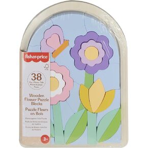 Fisher-Price Wood Preschool Toy Flower Puzzle Blocks, 38-Piece Wooden Stacking Set for Developmental Play Kids Ages 3+ Years