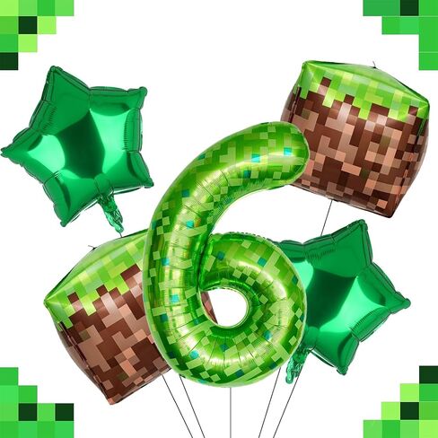 10Pcs 40 Inch Green Pixel Miner Number 6 Foil Balloon Set Large Mylar Mining Theme 6th Number Balloons for Boys Girls Pixel Cubes Boxes Video Game Birthday Party Decorations in Kuwait